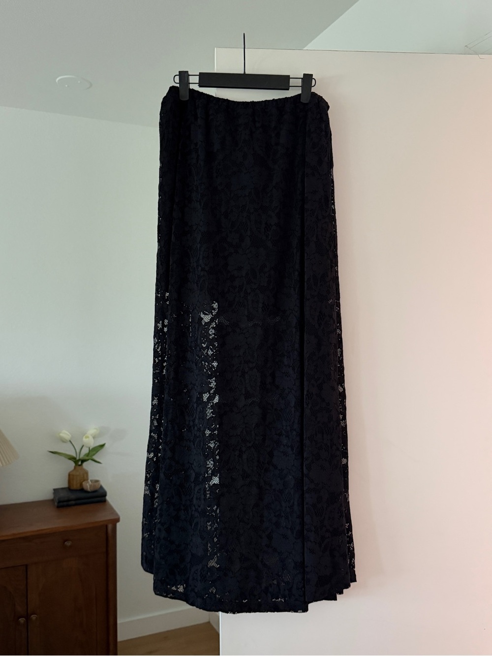 NWOT Black Lace Maxi Skirt with Built in Mini Slip - Elastic Waist A Line Skirt